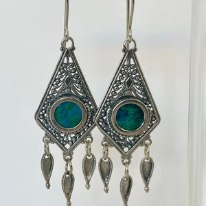 Eilat Stone Earrings 925 Sterling Silver, Drop Earrings,Filigree Dangle Earrings,Israeli Earrings, Natural Eilat Stone Earrings,Gift For Her