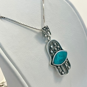 925 Sterling Silver Hamsa Charm Pendant with Eilat stone,Hand Protection Necklace ,Judaica Jewlery,Israeli Gift,Handmade Jewelry Necklace.