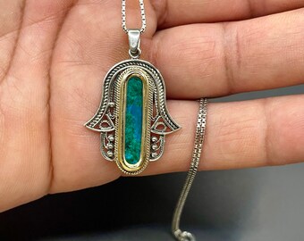 Sterling Silver Hamsa Pendant: 9K Gold & Eilat Stone, Jewish Jewelry