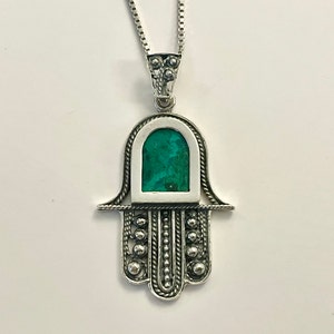 925 Sterling Silver Hamsa Charm Pendant with Eilat stone,Hand Protection Necklace ,Judaica Jewlery,Israeli Gift,Handmade Jewelry Necklace.