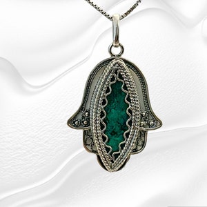 Hamsa Pendant 925 Sterling Silver with Eilat stone,Hamsa Hand Necklace,Judaica Jewlery,Israeli Jewelry ,Filigree Jewelry ,Handmade Hamsa.
