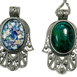 925 Sterling Silver Yemenite Filigree Hamsa Pendant Necklace With Eilat Stone & Roman Glass,Hand Made Pendant ,Judaica Jewlery,Israeli Gift.
