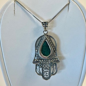 925 Sterling Silver Hamsa Charm Pendant with Eilat stone,Hand Protection Necklace ,Judaica Jewlery,Israeli Gift,Handmade Jewelry Necklace.