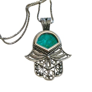 925 Sterling Silver Hamsa Charm Pendant with Eilat stone,Hand Protection Necklace ,Judaica Jewlery,Israeli Gift,Handmade Jewelry Necklace.
