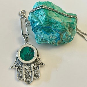 925 Sterling Silver Hamsa Charm Pendant with Eilat stone,Hand Protection Necklace ,Judaica Jewlery,Israeli Gift,Handmade Jewelry Necklace.