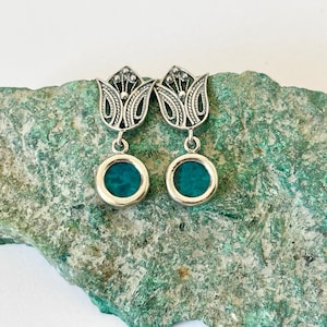 925 Sterling Silver Eilat Stone Dangle Earrings,Drop earrings, Post Dangly,Anniversary Gift,Birthday Gift,Holiday Gift,Filigree Earrings.