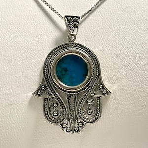 925 Sterling Silver Hamsa Charm Pendant with Eilat stone,Hand Protection Necklace ,Judaica Jewlery,Israeli Gift,Handmade Jewelry Necklace.