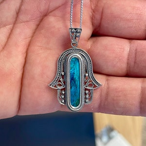925 Sterling Silver Hamsa Charm Pendant with Eilat stone,Hand Protection Necklace ,Judaica Jewlery,Israeli Gift,Handmade Jewelry Necklace.