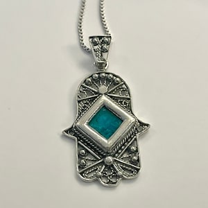 925 Sterling Silver Hamsa Charm Pendant with Eilat stone,Hand Protection Necklace ,Judaica Jewlery,Israeli Gift,Handmade Jewelry Necklace.