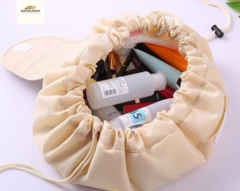 Borsa da toilette compatta per cosmetici, portatile, con coulisse, ideale da viaggio, custodia per cosmetici, confezione rapida, organizer naturale lavabile