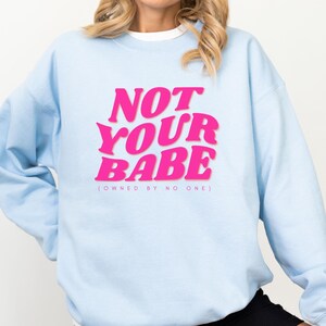 May include: A light blue sweatshirt with the text "NOT YOUR BABE" in bright pink, with the phrase "(OWNED BY NO ONE)" below. The sweatshirt is a casual style.