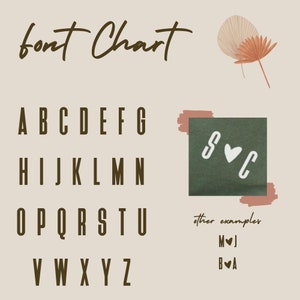 May include: A font chart with the alphabet in uppercase letters in a brown font. The letters are displayed in four rows. Below the chart is an example of the font with the letters "S" and "C" with a heart symbol between them. The text "other examples" is below the example, with the letters "M" and "J" with a heart symbol between them, and the letters "B" and "A" with a heart symbol between them.