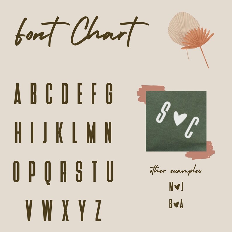 May include: A font chart with the alphabet in uppercase letters in a brown font. The letters are displayed in four rows. Below the chart is an example of the font with the letters "S" and "C" with a heart symbol between them. The text "other examples" is below the example, with the letters "M" and "J" with a heart symbol between them, and the letters "B" and "A" with a heart symbol between them.