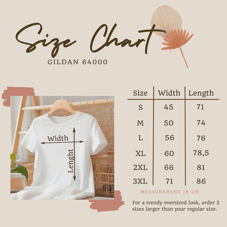 May include: White Gildan 64000 t-shirt on a hanger, with a size chart. The chart shows measurements in centimeters for sizes S to 3XL. The text "Size Chart" is at the top.