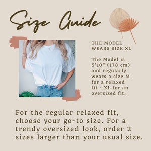 Pode incluir: Gr&aacute;fico de guia de tamanhos com texto e foto de uma pessoa vestindo uma camiseta branca e jeans azul. A modelo tem 178 cm e veste tamanho XL para um ajuste oversized. Escolha seu tamanho normal para um ajuste relaxado.