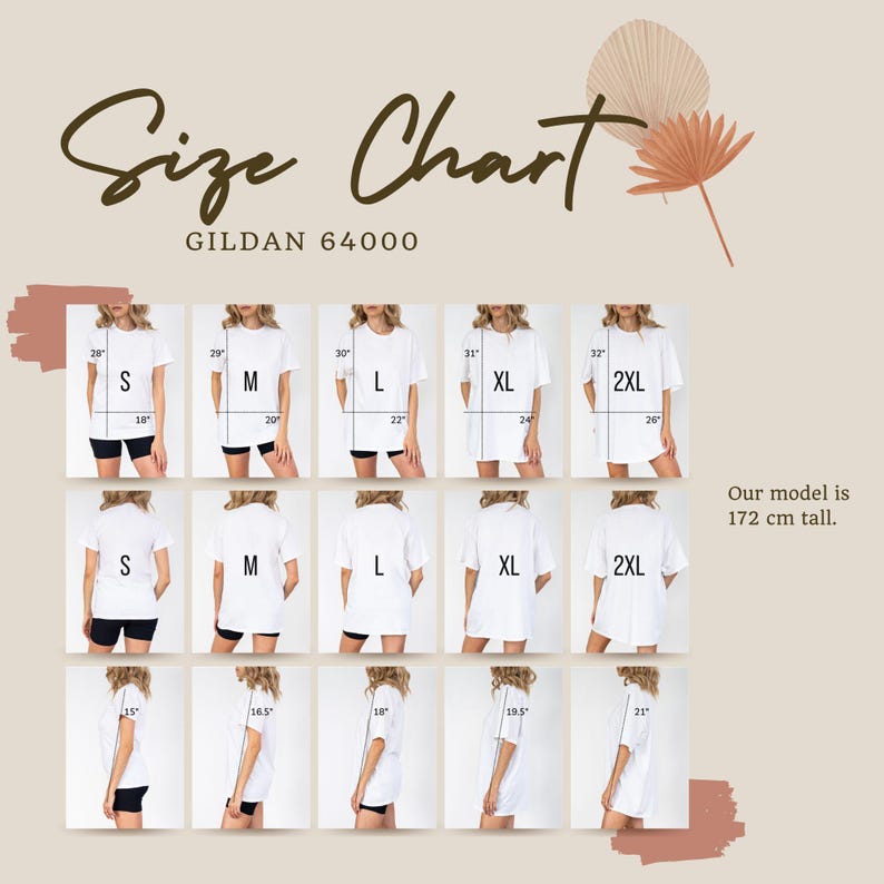 May include: Size chart for Gildan 64000 t-shirts. The chart shows measurements for sizes S to 2XL, with front, back, and side views. The model is 5'7" tall. Measurements are in inches.