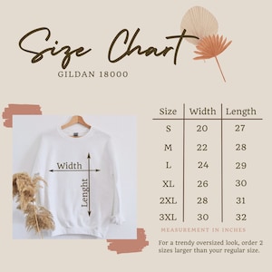 May include: Size chart for Gildan 18000 sweatshirts, showing width and length measurements in inches for sizes S through 3XL.