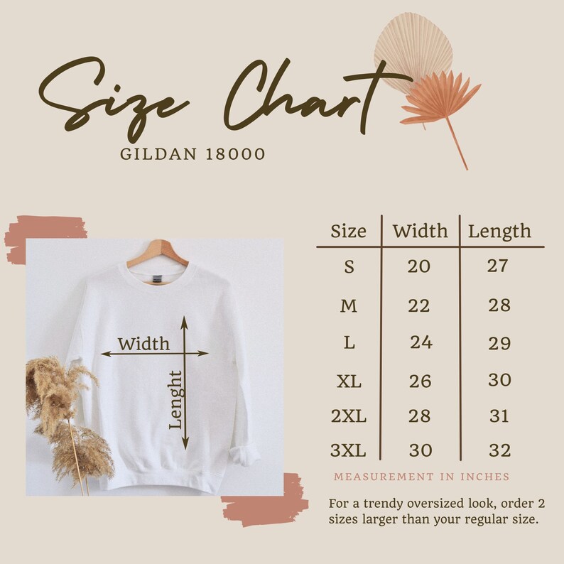May include: Size chart for Gildan 18000 sweatshirts, showing width and length measurements in inches for sizes S through 3XL.