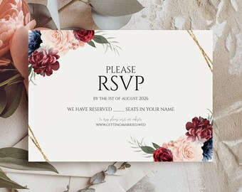 BURGUNDY AND BLUE Navy Rsvp Card Template, Rsvp Wedding Card, Floral rsvp Card, Wedding Response, Printable, Editable, Instant Download