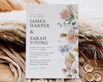 WILDFLOWER WEDDING INVITATION Editable Template, Boho Wedding, Floral Wedding Invite, Spring Wedding, Digital Download, Printable