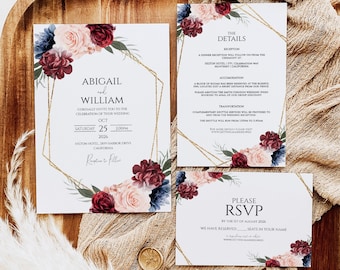 BURGANDY WEDDING INVITATION Editable Template Set, Printable Wedding Invitation, Wedding Invitation Bundle, Wedding Invitation Suite