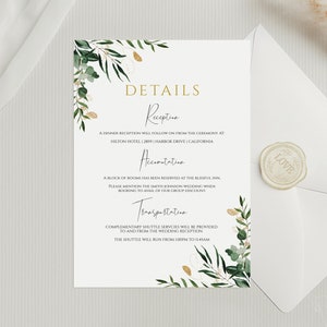 WEDDING DETAILS CARD Template, Editable Wedding Details Card, Greenery Wedding, Enclosure Card, Wedding Invite Insert, Digital Download