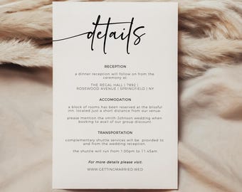 MORDERN CALLIGRAPHY WEDDING Details Card Template, Editable Wedding Details Card, Minimalist, Elegant Enclosure Card, Wedding Insert