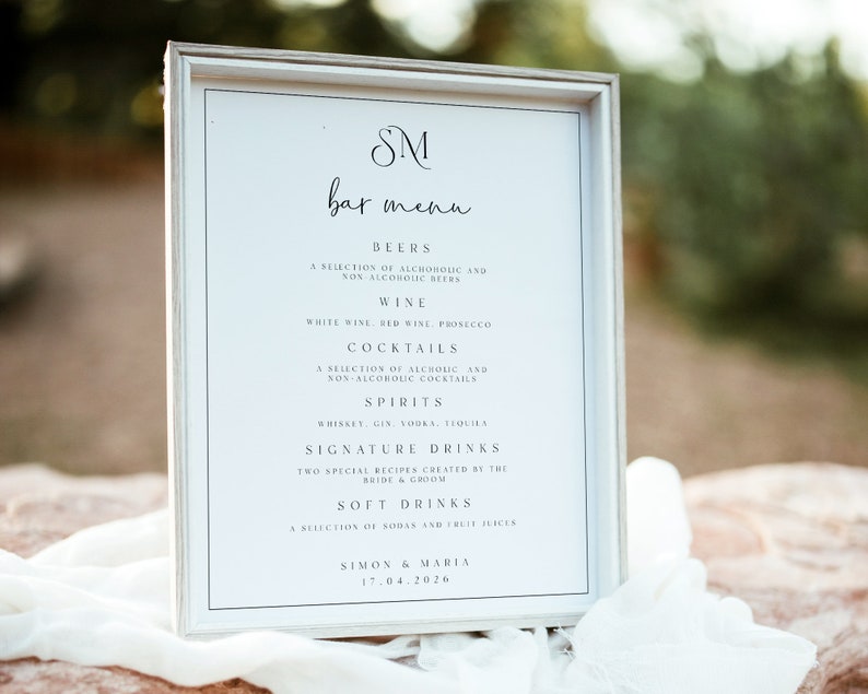 MONOGRAM WEDDING BAR Menu Template, Wedding Bar Sign, Monogram Drinks ...