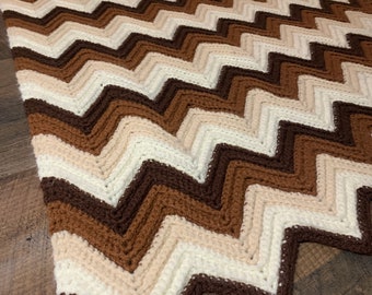 Vintage Chevron Knitted Afghan in Browns, cream, and white. Hand-knit.