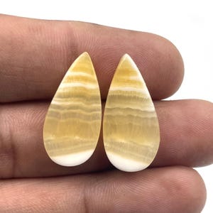 Può includere: Due pietre preziose a forma di goccia con un motivo a strati di giallo e bianco. Le pietre sono tenute in una mano, mostrando le loro superfici lucide e le variazioni naturali. Ideali per la creazione di gioielli.