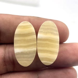 Può includere: Due pietre preziose ovali con un motivo a strati e a bande. Le pietre sono principalmente di colore giallo crema con bande bianche e giallo chiaro. Le pietre preziose sono tenute in mano su sfondo bianco.