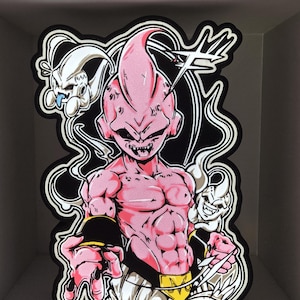 May include: A pink and white anime character with a fierce expression, surrounded by smoke and a white background. The character has a yellow belt with a "M" symbol on it.