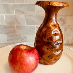 May include: A wooden vase with a unique, textured design and a wide, open top. The vase is brown and has a series of small holes throughout. A red apple sits next to the vase on a white surface.