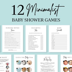 Puede incluir: Un conjunto de 12 juegos minimalistas para baby shower impresos en papel blanco. Los juegos incluyen trivia, scramble y juegos de adivinanzas, con títulos como "Nursery Rhyme Trivia" y "Baby Boy or Girl". El texto está en negro, con una fuente elegante.
