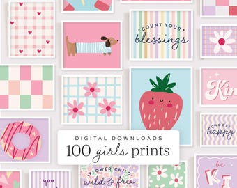 May include: A collection of 100 girls prints, featuring various designs in pink, blue, and green. The prints include illustrations of a dachshund, a strawberry, and ice cream. Text includes "POWER", "Count your blessings", and "Flower Child, wild & free".
