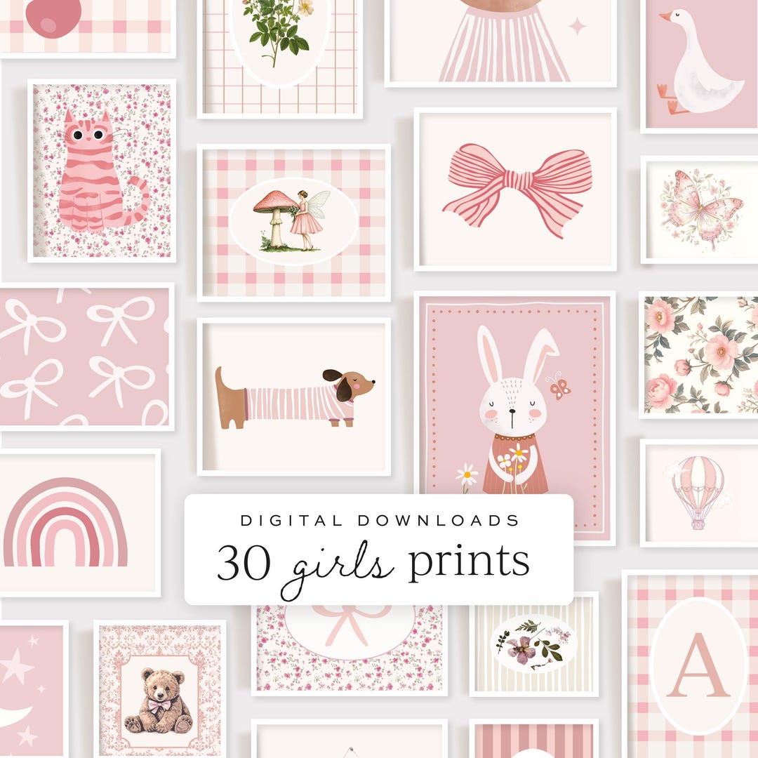 Pink Nursery Prints Set: Vintage Wall Art Bundle for Girl Room (digital ...