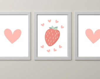 Strawberries and hearts Bundle | Digital Download | Nursery Girls | Printable Wall Art | Poster Print | Kids Room Prints