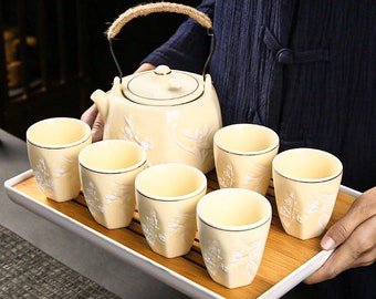 Ceramic Tea Set | Ceramic Lift Tea Set | Simple Embossed Meilan Tea Set | Teapot with Filter | Ceramic Kung Fu Tea Set | Tea Party Tea Set