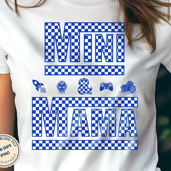 Mini and Mama blue checkered png boy design, Checkered retro mama and Mini, png Mom boy shirt png Mini racing flag png  Checkered design png