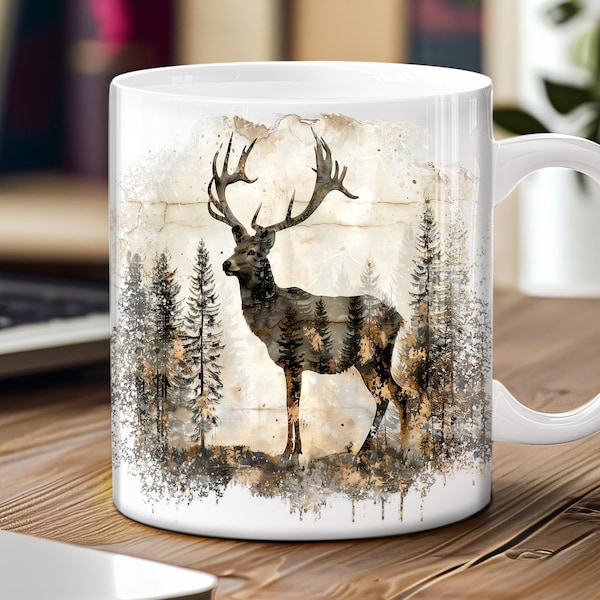 PNG boho deer forest mug wrap beige brown deer wood design bohe forest png deer wrap, bo ho deer wrap sublimation instand digital download