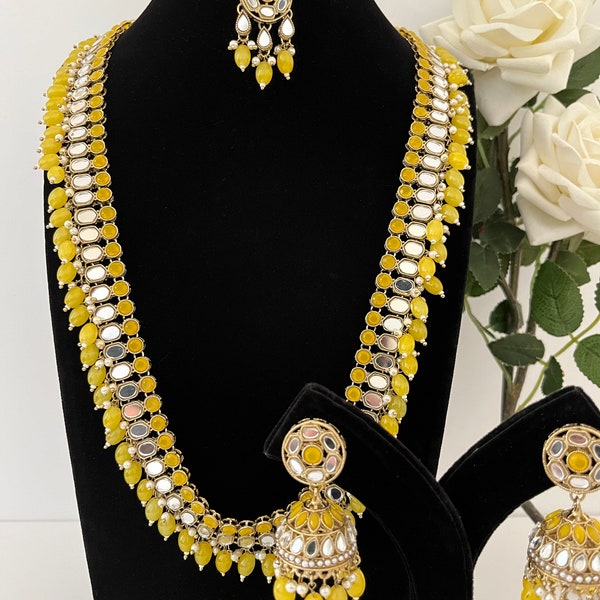 Long Necklace, Imitation Mirrors, Jhumka and Tikka,  Yellow, Jewellery Set