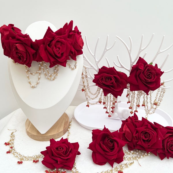 Hand made Indian Flower Jewellery Artificial Flowers Sets for Weddings | Bridal | Matha Pati | Choker | earrings |  Hath Panja