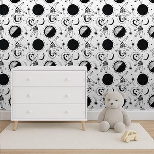 Papier peint Space Buddies : décoration scandinave en noir et blanc pour chambre de bébé/2