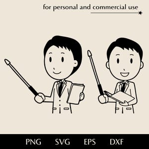 Cute cartoon male teacher SVG, Man in jacket with pointer and open book png, eps, dxf, Smiling school teacher vector, Professor lecture logo
