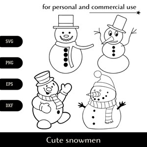 Pacchetto di pupazzi di neve carini con cappelli e sciarpe SVG, Effigie di neve sorridente png, eps, dxf, Logo della figura di neve, Vettore di fiaba invernale Download digitale