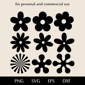 May include: A collection of nine black flower designs in various styles, including daisy and abstract shapes, set against a cream background. The text "for personal and commercial use" is at the top. File types PNG, SVG, EPS, and DXF are listed at the bottom.