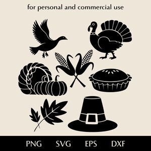 May include: Black Thanksgiving-themed illustrations, including a turkey, a flying bird, a pumpkin, a pie, corn, a leaf, and a pilgrim hat. The text "for personal and commercial use" is at the top, and file type abbreviations are at the bottom.