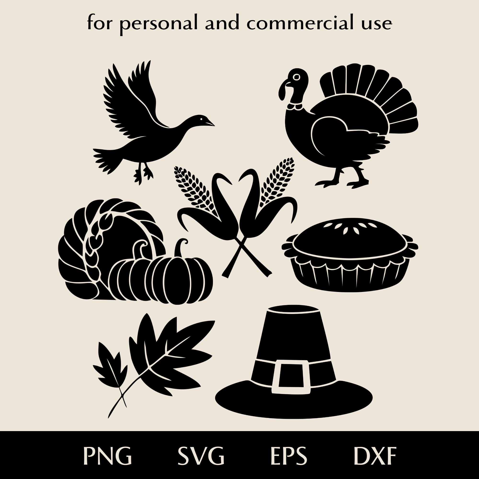感謝祭バンドル SVG、豊穣の角、空飛ぶガチョウ、秋の葉、巡礼者の帽子、七面鳥、パイ、2本のトウモロコシの穂、PNG、EPS、DXF、秋のベクター -  Etsy 日本, image size:2000x2000