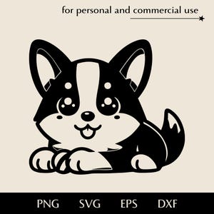 Desenho animado fofo de corgi SVG, Cachorro engraçado deitado com uma bola de brinquedo PNG, EPS, DXF, Vetor de olhos e orelhas grandes de animal de estimação kawaii, Impressão infantil, Logotipo de cachorrinho alegre