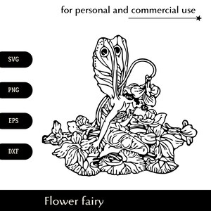Schwarz-weiße Miniatur Blume Fee SVG, süße Fantasy Elfe Kreatur mit Flügeln und Blumenmütze png, eps, dxf, nachdenklicher kleiner Pixie Clipart